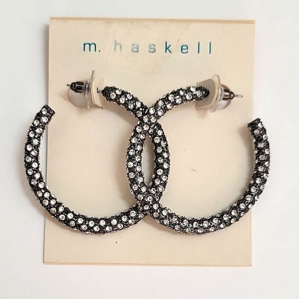 M. HASKELL Gray Glitzy Rhinestone Hoop Earrings OS Dressy Sparkle Round